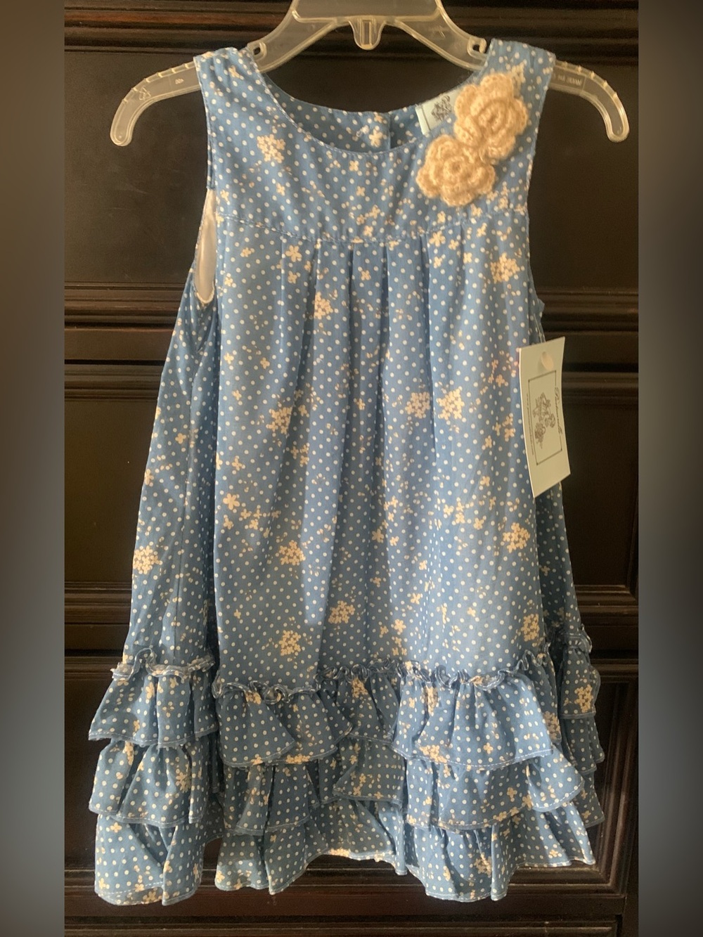 Pastourelle Blue and Cream Floral Polka Dot Ruffle Dress